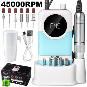 Electric Nail Drill Professional Kit - 45000RPM Portable Nail File Electric E File With 6 Bits & Base-LED Screen-Ultra-Silent, Rechargeable Nail (Option: Blue)