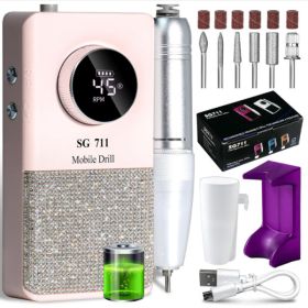 Professional Electric Cordless Nail Drill File-Glitter Portable Cordless E-File Nail Drill Kit With 6 Drill Bits 45000RPM Rechargeable Nail Drill (Option: Pink)