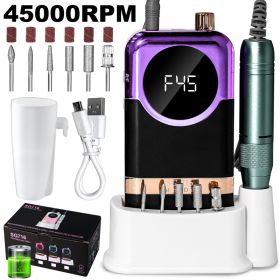 Electric Nail Drill Professional Kit - 45000RPM Portable Nail File Electric E File With 6 Bits & Base-LED Screen-Ultra-Silent, Rechargeable Nail (Option: Purple)