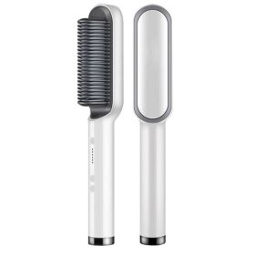 Hair Straightener Brush Straightening Curler Hot Comb Electric Adjustable Heat (Straightener Color: White)