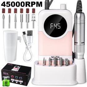 Electric Nail Drill Professional Kit - 45000RPM Portable Nail File Electric E File With 6 Bits & Base-LED Screen-Ultra-Silent, Rechargeable Nail (Option: Pink)
